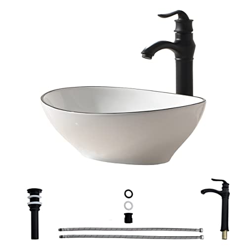 Oval Ceramic Vessel Sink -Hlblfy Oval Above Counter White Porcelain Ceramic Bathroom Vessel Sink Basin Washing Bowl Set And Faucet，White Background And Black Edge #TOP2