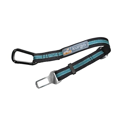 Kurgo Direct to Seatbelt Tether - Easy-Use Dog Car Harness Clip - Adjustable Ride Strap - Universal Fit for Most Vehicles - All Steel Hardware - Backseat Restraint - Coastal Blue