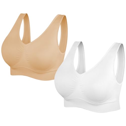 SIMIYA Super Comfort Bra, Womens Sports Bras Removable Pads Plus Size Sleep Bras for Girls in Yoga Bralette Leisure Stretch Crop Tops Vest (L, 2 Pack White+Beige)