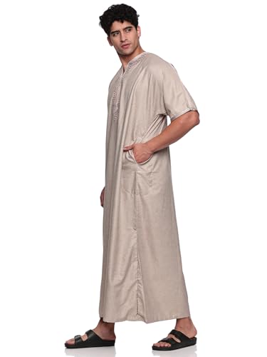ثوب مغربي للرجال من العثيمان | قفطان نصف كم مطرز | جلابية مغربي برقبة دائرية للرجال | ثوب اسلامي مريح للارتداء اليومي، جملي، 58