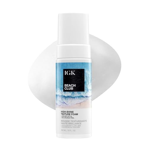 IGK Beach Club High-Shine Texture Foam Salt-Free Hair Mousse for Beach Waves Air-Dry Styling Foam for Wavy Curly & Straight Hair Anti-Frizz with UV Protection Vegan 5 Oz
