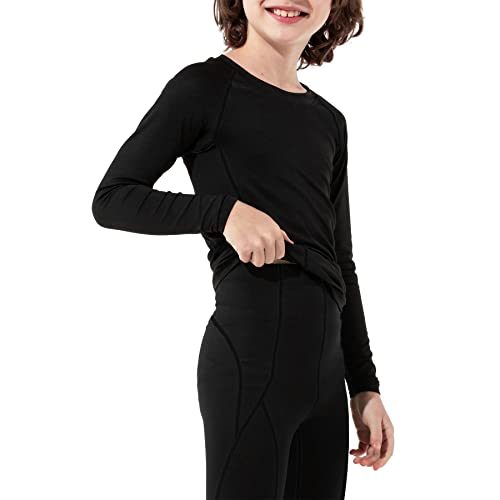 Zando Kids Thermal Underwear Long Sleeve Fleece Lined Compression Underwear Athletic Football Undershirt Athletic Base Layer Shirt Compression Shirts For Boys And Girls Black Top Large #TOP2