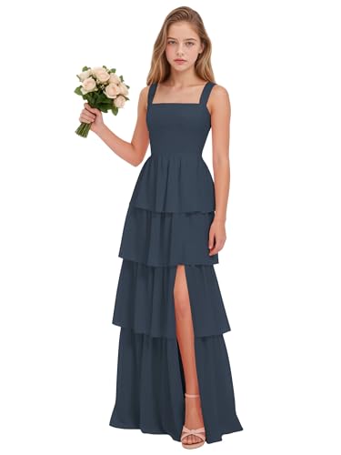 Junior Bridesmaid Dresses Tiered Flower Girl Dress for Wedding Navy Blue Chiffon Square Neck Prom Gown Size 16