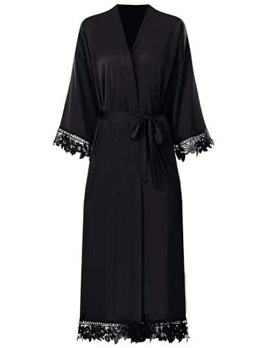 Women's Lace Trim Kimono Robes - Long Satin & Silk