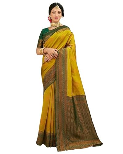 Image of Women's Soft Art Silk Kanjivaram Saree and Unstitched Blouse Piece with Floral Rich Pallu and Jacquard Jari Work On All Over | South Indian Saree