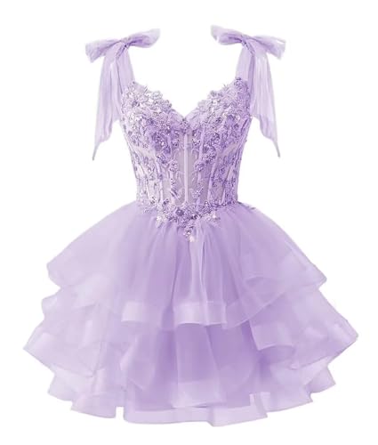 WSEYU ZMKI390 - Vestido corto de tul con tirantes delgados, apliques de encaje, para dama de honor, graduación, cóctel, fiesta, Lila, 36