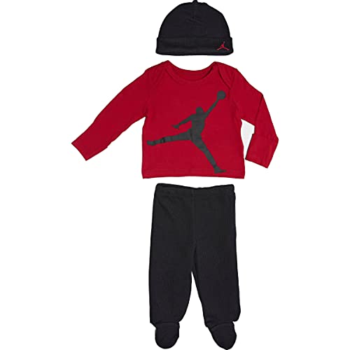 Jordan Baby Girls Long Sleeve Shirt, Footed Pants & Beanie Hat 3 Piece Set (Black(55A957-023)/Red, 3 Months)