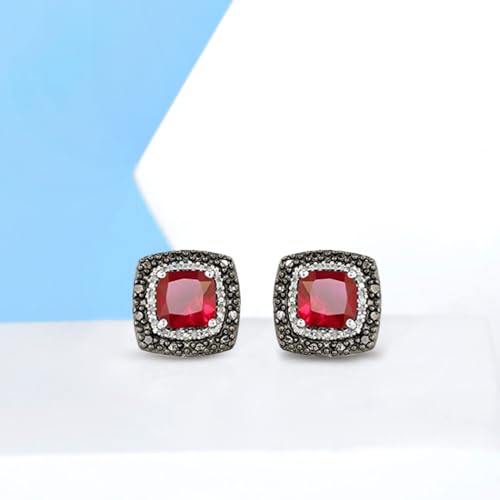 Jewelili Cushion Gem Stone with Black and White Diamonds Halo Stud Earrings in Sterling Silver. Choice of Ruby, Emerald, Blue Sapphire, Blue Topaz, Or Opal4