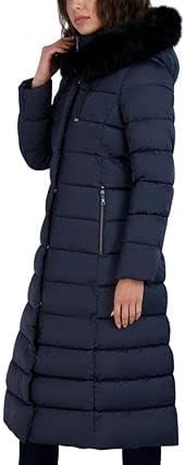 TAHARI Women's Maxi Puffer Coat, Attached Bib, Faux Fur Hood Trim, Hand Warmer Pockets, Long Puffer Coat, Star, Small - Image 3