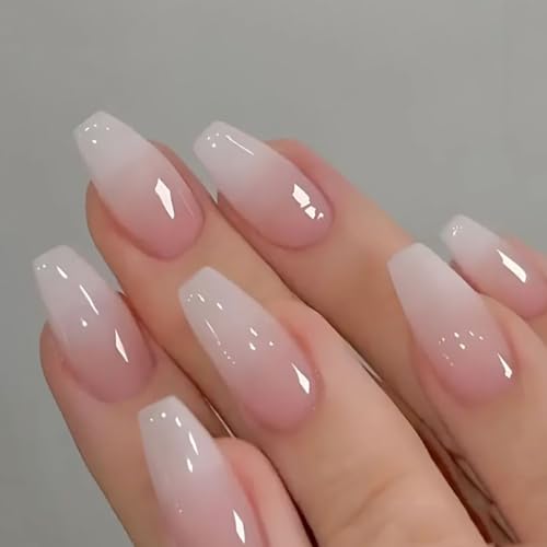 Gradient Press on Nails, Pink Nude French Ballerina Coffin False ...