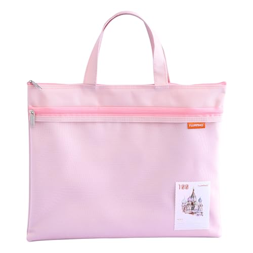 A4 Document Bag, Zip File Pouch, Zippered Handbag, Books Carry Bag Waterproof Double Zippers Pockets for Office Travel (Pink)