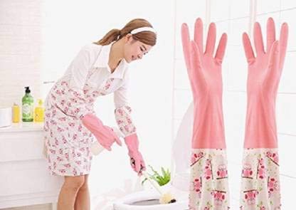 Image of Reusable Rubber Latex PVC Flock lined Long Elbow Hand Gloves Safety Kitchen for Dish-Washing, Cleaning, Gardening, Laundry and Sanitation and Lab Work (Blue) (1 Pair Pink)