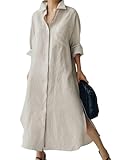 chouyatou Women's Spring Button Down Cotton Shirt Dress Summer Flowy Side Slit Maxi Shift Dress (Large, Apricot)