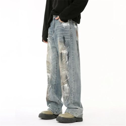 Men's Jeans Worn-Out Dirty Loose Trousers Straight Wide Leg Jeans4