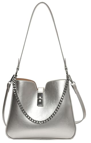 PU Leather Shoulder Bag Bucket Crossbody Purse Trendy Tote Handbag Metal Chain Satchel Work Dating