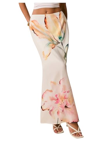 GORGLITTER Women's Floral Maxi Skirt Boho Low Waisted A-Line Bodycon Trendy Long Midi Skirts