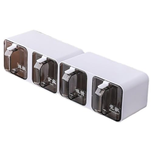 Wodsty Juego de tarros de especias con 4 vasos y cucharas de cristal transparente para sal, azúcar, café, organización de cocina, tapa de fácil acceso, almacenamiento versátil para el hogar o la