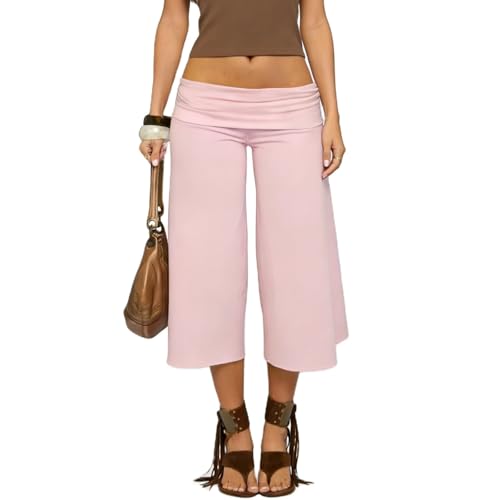 Mtsebmves Women Gaucho Pants Low Rise Fold Over Waist Capri Casual Wide Leg Crop Pants Y2K (Pink L)