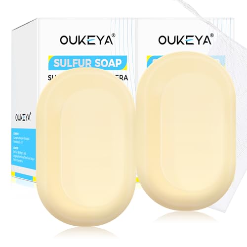 OUKEYA Sulfur Soap for Face with 10% Sulfur, 2% Salicylic Acid, Sulphur Soap Bars with Goat Milk & Tea Tree Oil, Gentle Cleanser Hydrating Aloe & Hyaluronic Acid (2Packs)