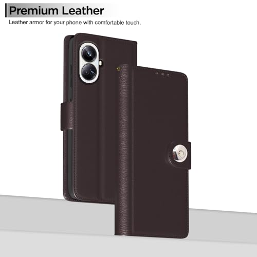 Image of Pikkme Flip Cover Leather Finish | Inside TPU with Card Pockets | Wallet Stand and Shock Proof | Complete Protection Button Flip Case for Realme 10 Pro Plus 5G (Coffee)