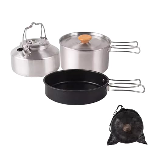 OXIZER クッカーセットキャンプ 調理器具 収納バッグ付き ステンレス製 ケトル/フライパン 折りたたみハンドル設計 軽量コンパクト 収納便利 キャンプ クッカー アウトドア 調理セット 登山、徒歩、ピクニック、家庭用、ギフトに最適 (3点セット) [