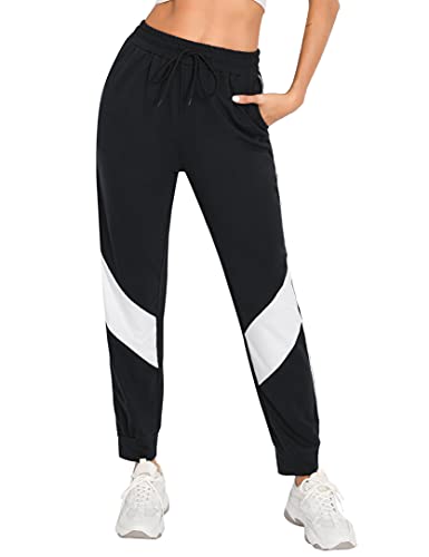 Wayleb Pantalon Chándal Mujer Pantalon Algodon Deporte Cordón de Cintura Pantalones Jogger Pants con Bolsillos Yoga Fitness Running,XXL+Negro-Contraste Color