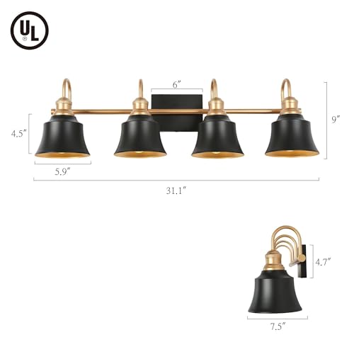 Image of KSANA Modern Bathroom Light Fixtures, Large 31 inch Black Vanity Lights Over Mirror 4 Light Farmhouse Bathroom Vanity Lighting for Bedroom, Kitchen, Living Room