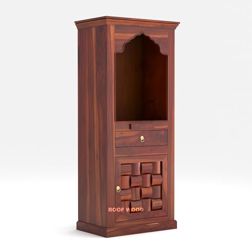 Image of Solid Wood Premium Sheesham Wood Temple Niwar Big Size 5 Feet with Door Storage Cabinet | Wooden Mandir for Pooja Room Home | Honey Finish | Mandir for Home Niwar (Honey Finish 1)