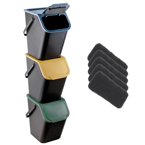 Go Practic Set de Poubelles de Cuisine avec Couvercle et Filtre à Charbon 3 Pièces 25L de Recyclage, Fonction de Clic, Conteneur à Déchets, de Tri Des...