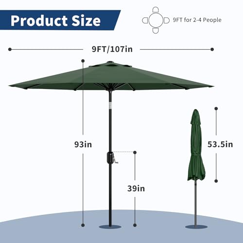 Patio Umbrella 9ft, Table Umbrella Outdoor Patio UV Protection with Crank Lift & Push Button Tilt, 8 Sturdy Ribs for Yard, Deck, Pool -Dark Green