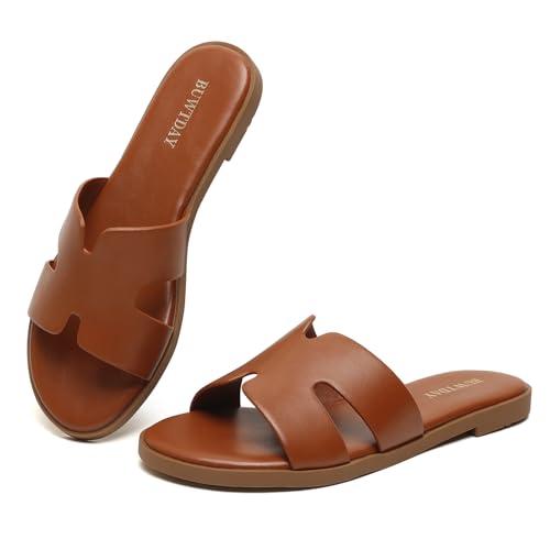 Image of Womens Flat Sandals Dressy Summer Slides Comfortable Casual Open Toe Vacation Sandals Slip On Slides Leather Sandals for Women