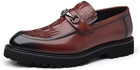 Men's Leather Print Business Oxfords, Smart Casual Formal Office Derby Shoes, Slip-On Wedding Suit Shoes (6.5,Red Brown)