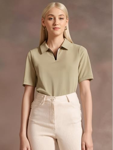 Image of Mack Jonney Ribbed |Regular Fit | Half Sleeves 100% Cotton Polo Neck Self Design with Zip T-Shirt for Women-M950