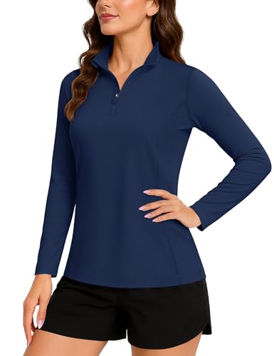 TACVASEN Women's Gym Tops Quick Dry Breathable Tops Long Sleeve UPF 50+ Sport T-Shirt Lightweight Comfortable (L, Navy)