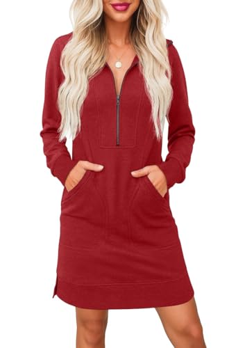 PrinStory Jumper Dress for Women UK Long Sleeve Half Zip V Neck Sweatshirt Dress with Side Pockets Casual Polo Jumper Sweatshirt (Red, XL)
