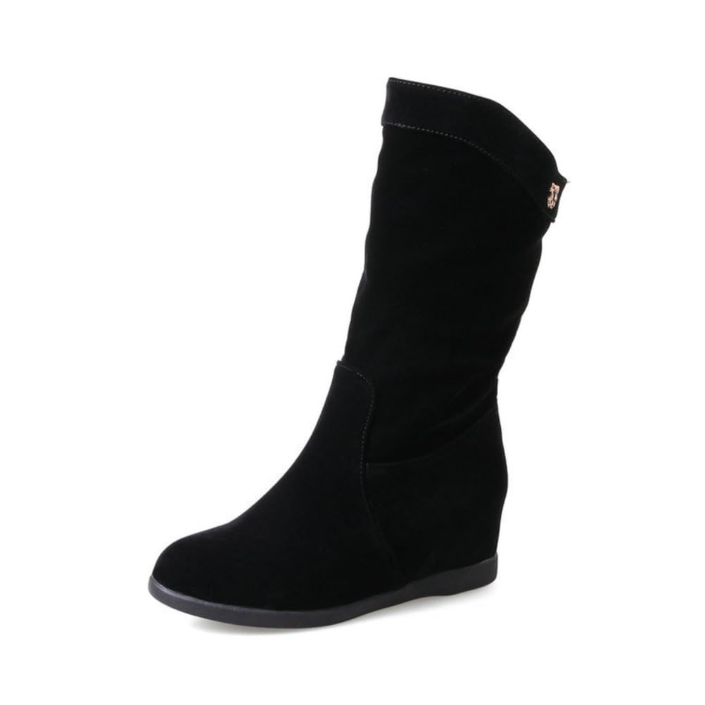 Women Slouch Pull On Mid Calf Boots Suede Leather Winter Shoes Wide Calf Round Toe Cowgirl Ankle Boots