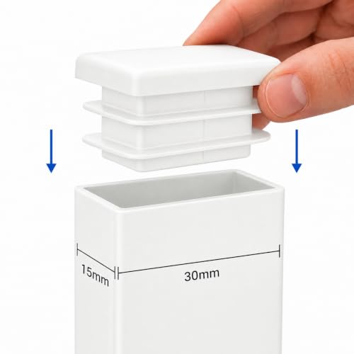 Image of (Pack of 40) Rectangular Plastic Plugs 19 /32 inch x 1-3 /16 inch (15 x 30 mm), Matt Tube Inserts, Fence Post Caps, Pure White RAL 9010