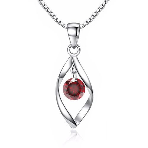 Zolkamery Sterling Silver Necklace, Silver Necklaces for Women with Red Zircon, Hypoallergenic White Gold Long Necklace Chain with Waterdrop Pendant, Romantic Jewellery for Ladies Mother with Gift Box