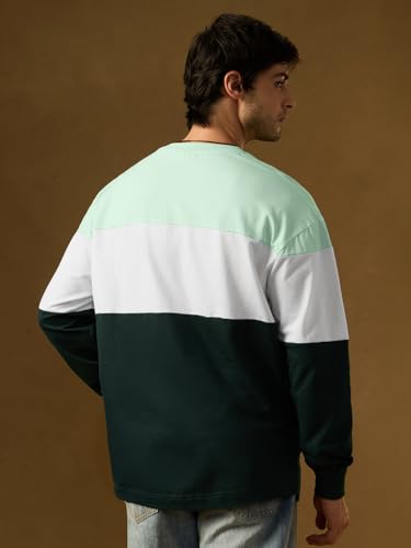 Image of The Souled Store Jasper Men and Boys Round Neck Green and White Colorblock Full Sleeve Oversized T-Shirts Oversized Men's T-Shirts Solid Tees Casual Fashion Relaxed Fit Full Sleeves Round Neck