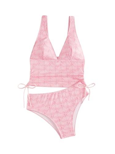 SweatyRocks Women's Textured Drawstring Tankini Swimsuit Wireless High Waisted 2 Piece Bathing Suit