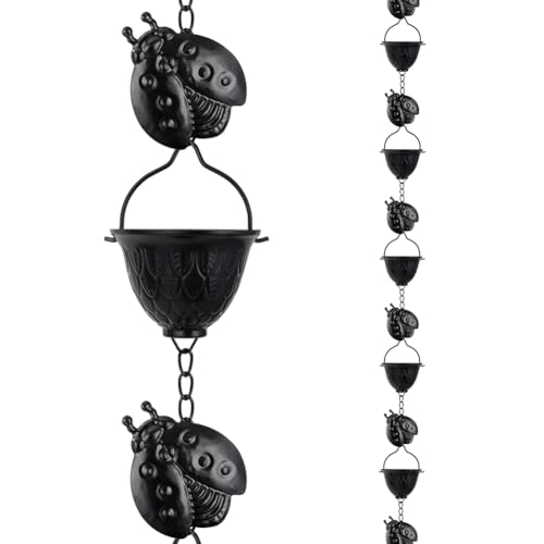 Qipade 9.2 FT Rain Chain, Black Rain Gutter Chains with 12 Cups & Detachable Ladybugs Decor, Adjustable Rain Catcher Chain for Outddor Decor, Replacement for Downspout