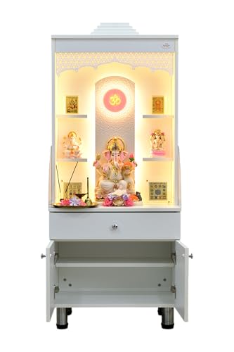 Image of The Mandir Store Wooden Mandir for Home | Ornamental Wooden Temple with Golden LED Strip Lights | 23.65 inches x 14 inches x 56 inches Compact and Spacious Pooja Mandir