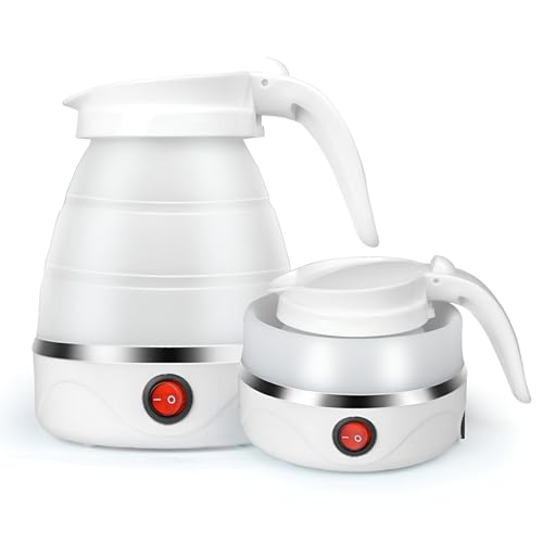 AHDXKUE Foldable Electric Kettle 600ML Silicone Mini Portable Travel Tea Maker with Separable Power Cord for Outdoor Hiking White