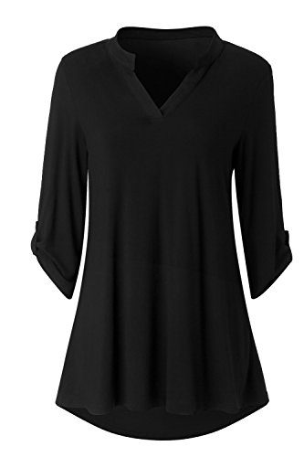 Zattcas Womens Floral Printed Tunic Shirts 3 4 Roll Sleeve Notch Neck Tunic Top,Solid Black,X-Large