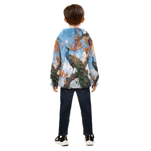 Peacock Perched Amidst Falling Leaves Toddler Fleece Jacket Girl Boys Hooded Fleece Jacket Coat4