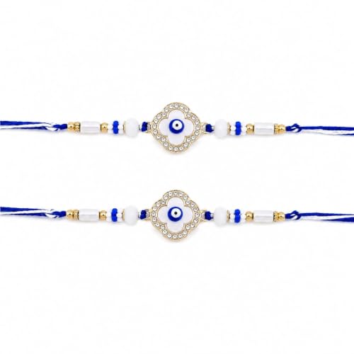 Image of Evil Eye Clover Rakhi with Crystal Beads, Blue & White, Set of 2
