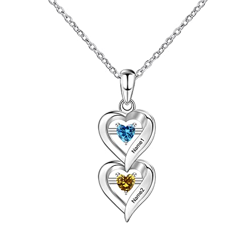 BAUMA AUTO Personalized Mothers Pendant Necklace with 1-6 Heart Simulated Birthstone Custom Engraved Family Name Necklace for Women Mom Christmas (2 names)