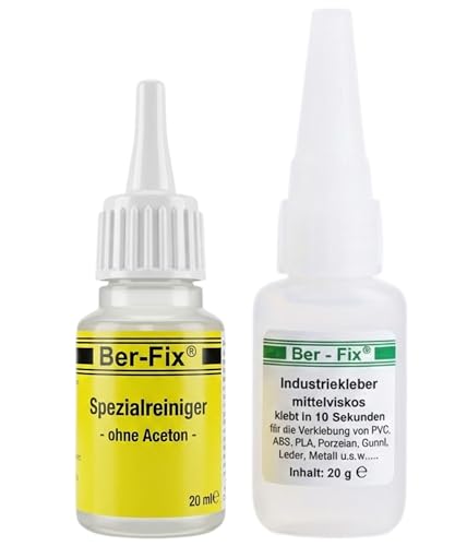 Ber-Fix Industriekleber mittelviskos (100 mPas) 20g leicht dickflüssig + Reiniger universell einsetzbar für Industrie und Heimwerker extra stark für Kunststoff Metall Holz PVC Gummi Keramik
