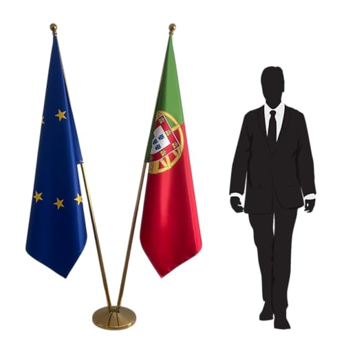 Banderas Portugal y Unión Europea con mástiles y pie doble – Set de 2 banderas de pie para oficina, evento o decoración oficial. Código CN8-EU-PT
