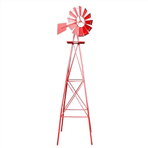 Wiltec Éolienne de Jardin Design US – 670 x 670 x 2450 mm – Couleur Rouge – Moulin avec Roulement à Bille – Girouette Roue Texas décorative déco